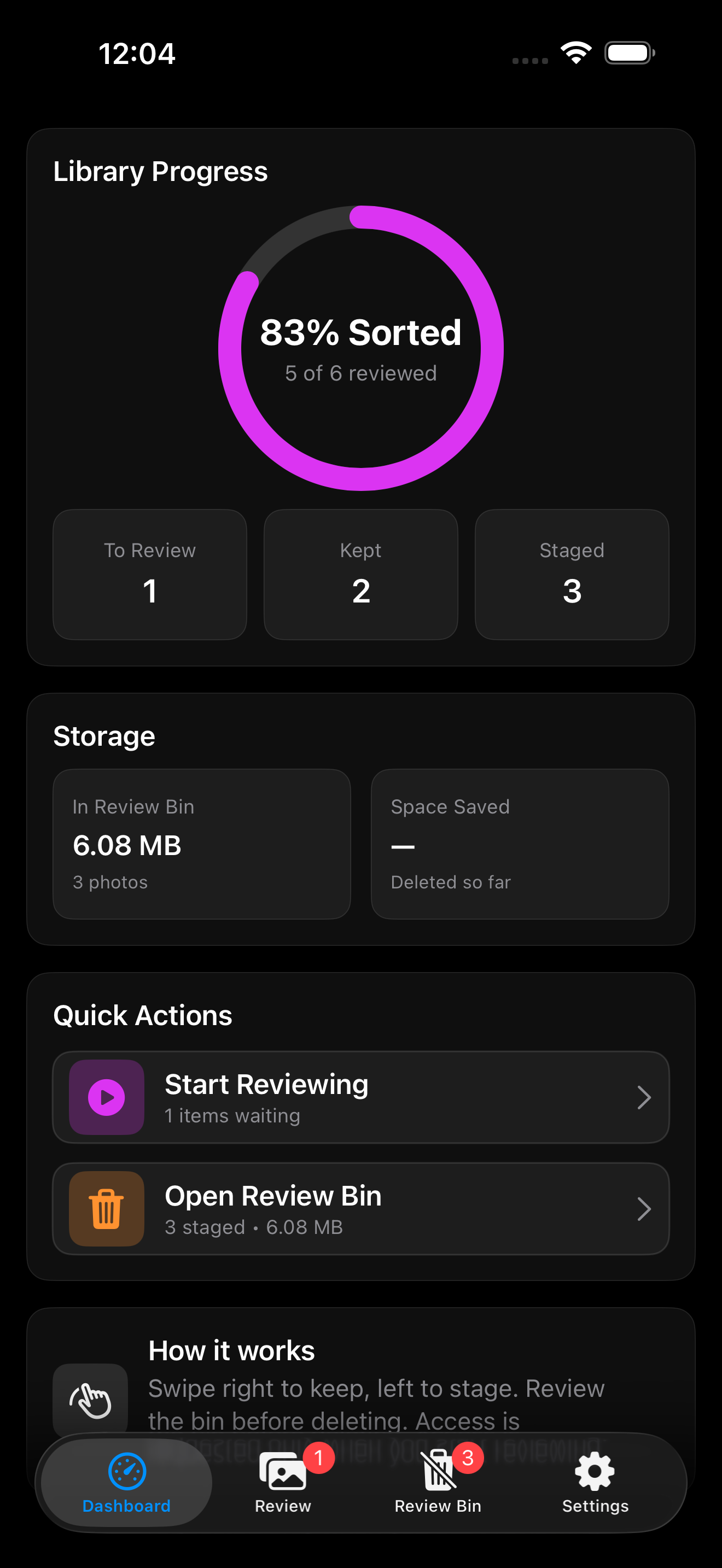Dashboard progress and storage